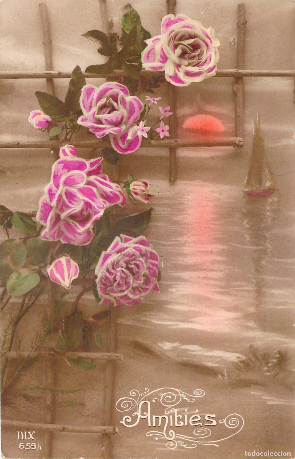 Postales: Postal Ilustrada de Rosas y Atardecer con Mensaje Manuscrito