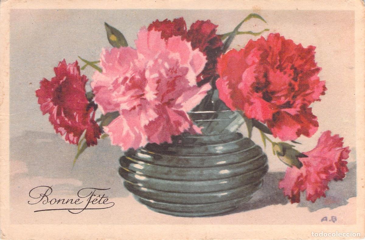 Postales: Postal de Felicitaci&oacute;n con Claveles en Jarr&oacute;n - Bonne F&ecirc;te