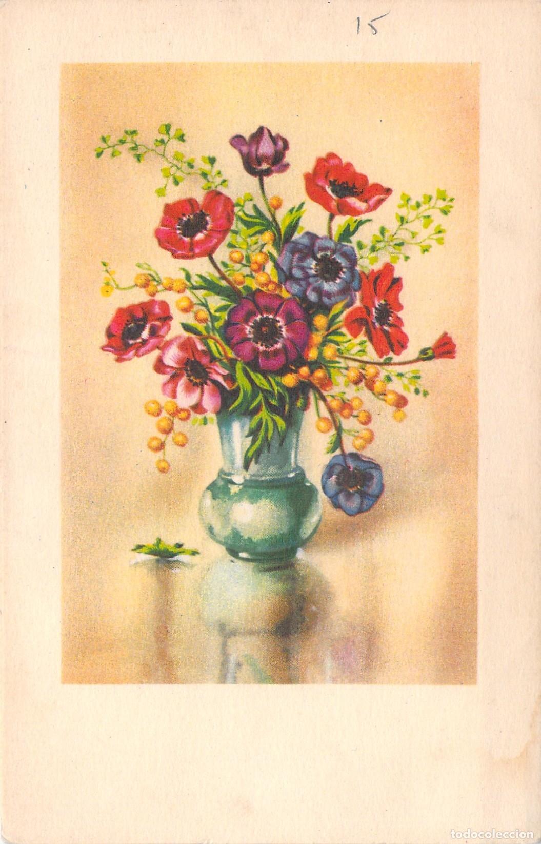 Postales: Postal Art&iacute;stica de Ramo de Flores en Jarr&oacute;n Verde