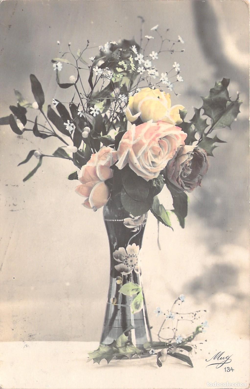 Postales: Postal Francesa de Ramo de Rosas en Jarr&oacute;n - Fotograf&iacute;a Iluminada