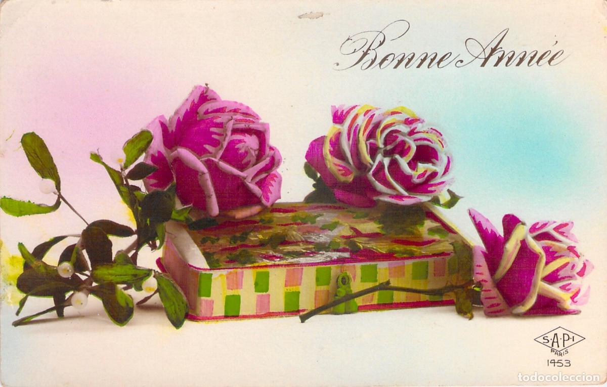 Postales: Postal Francesa de A&ntilde;o Nuevo con Rosas y Muerdago Bonne Ann&eacute;e