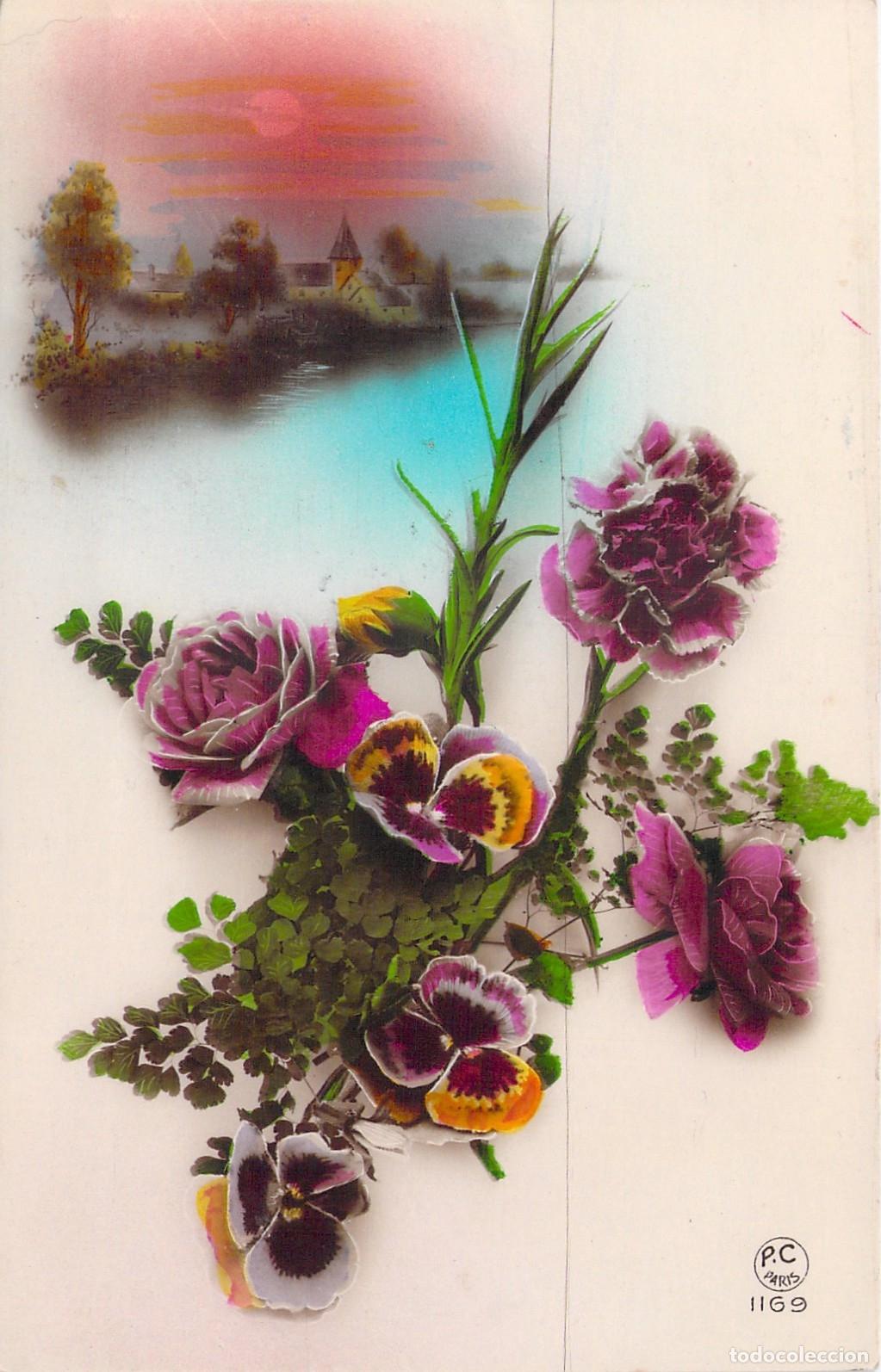 Postales: Postal Ilustrada con Flores y Paisaje al Atardecer P.C. Paris