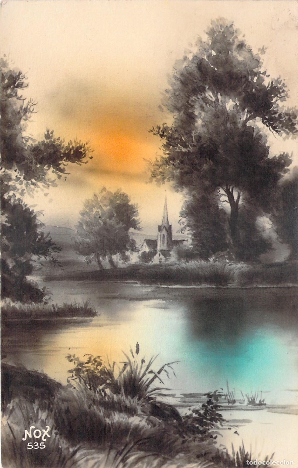 Postales: Postal de Paisaje Art&iacute;stico con Iglesia y R&iacute;o, Serie Nox 535
