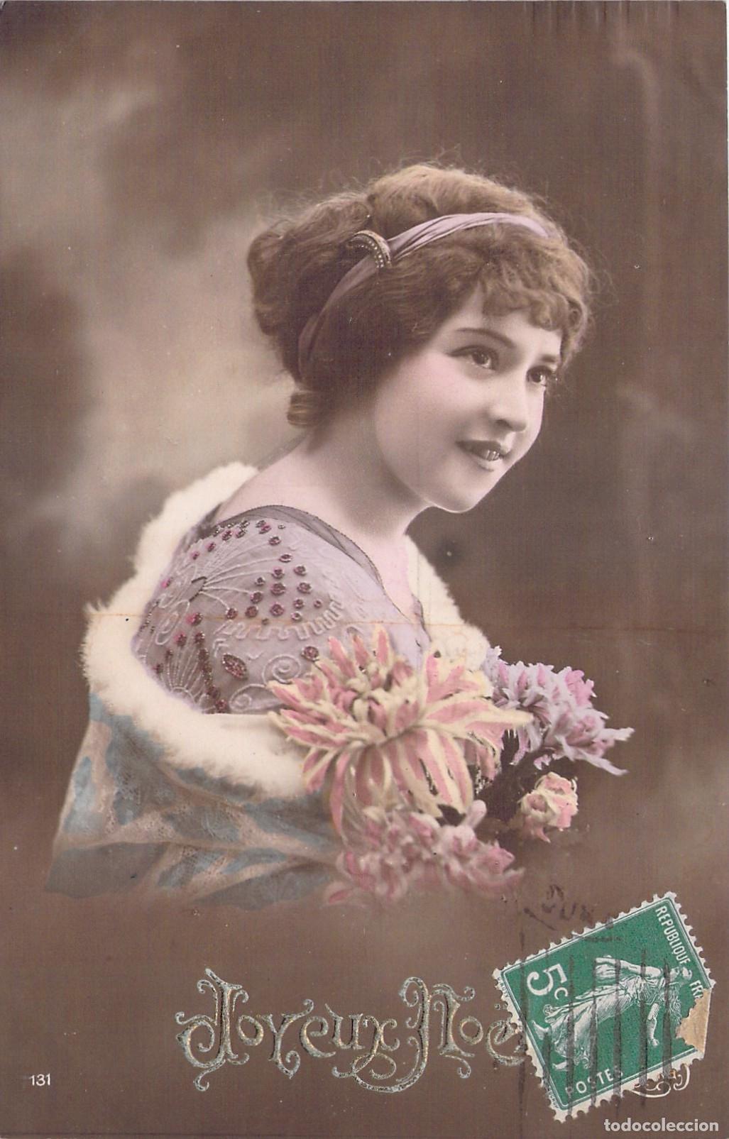 Postales: Postal Francesa Joyeux No&euml;l Retrato de Mujer con Flores