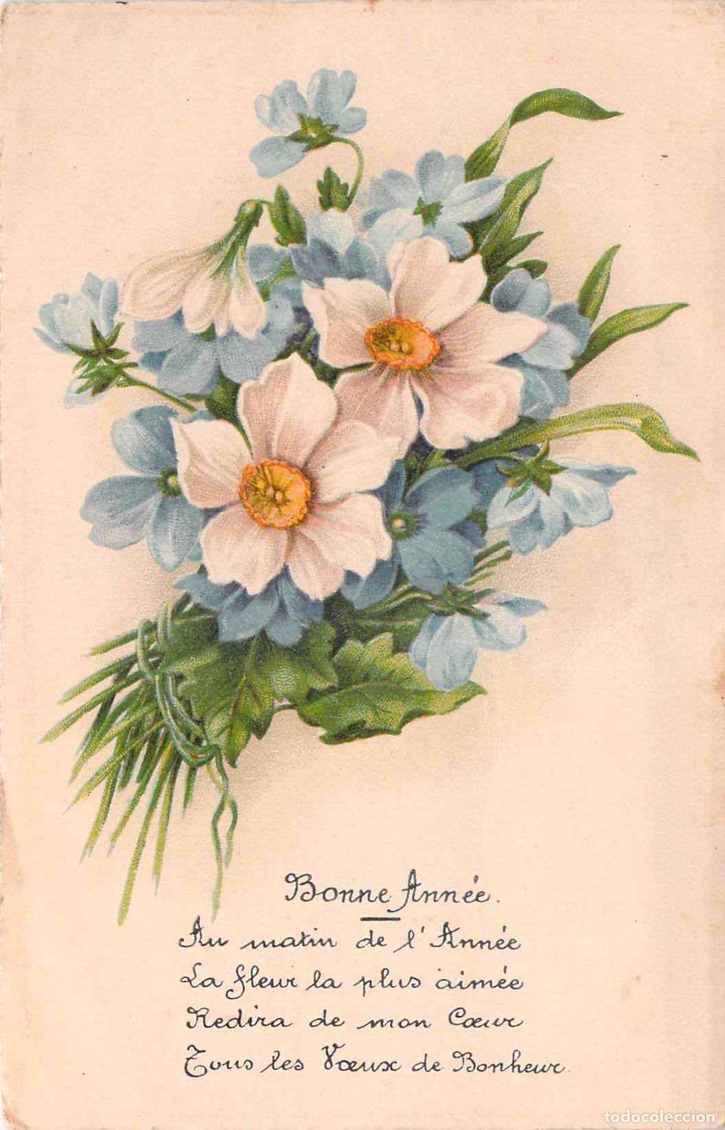 Postales: Postal Francesa de Feliz A&ntilde;o Nuevo con Ilustraci&oacute;n de Ramo de Flores