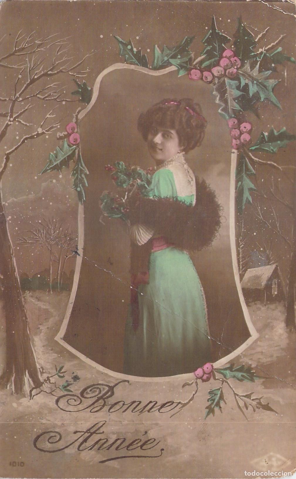 Postales: Postal de A&ntilde;o Nuevo Bonne Ann&eacute;e con Retrato de Mujer y Acebo
