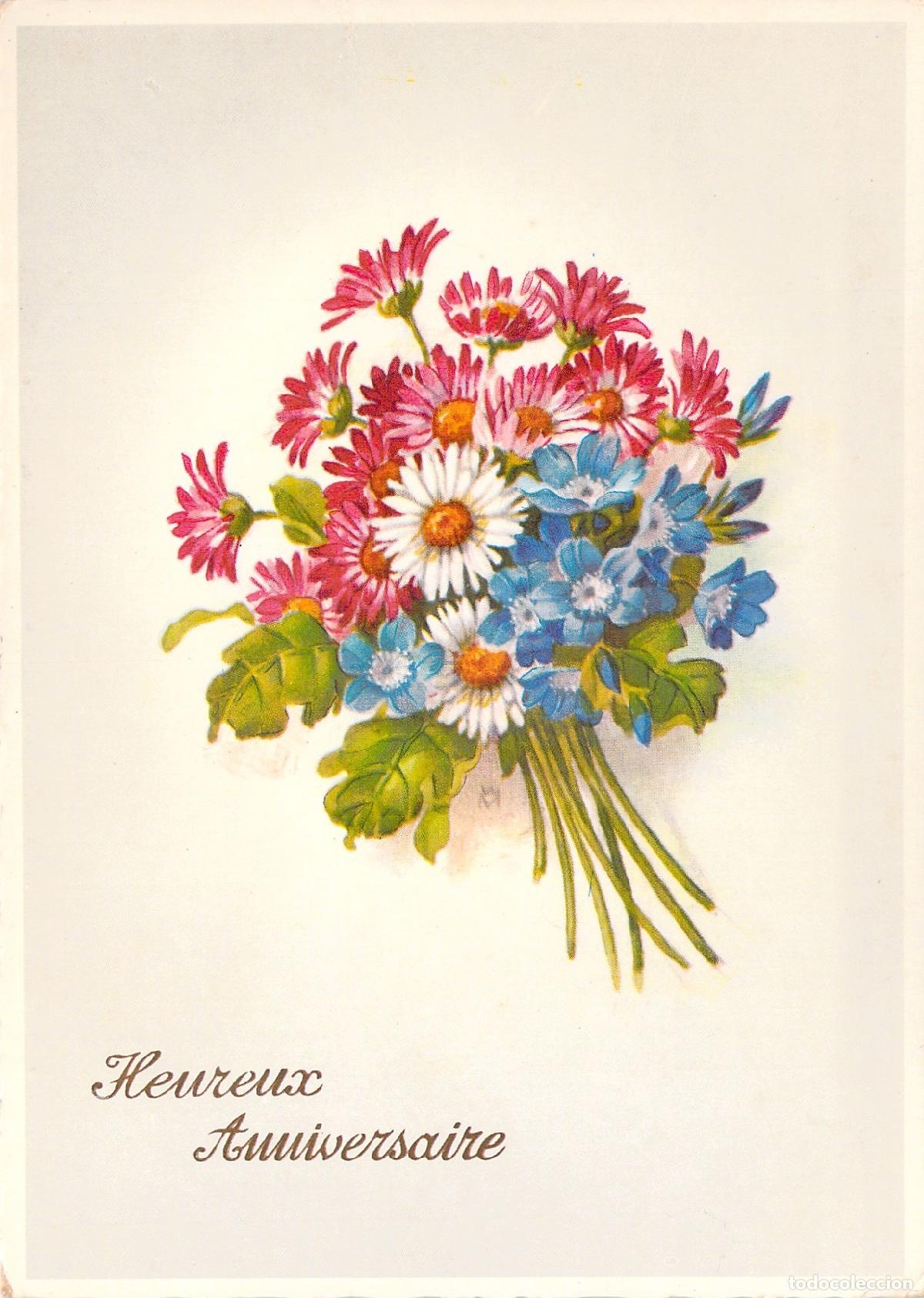 Postales: Postal de Felicitaci&oacute;n con Ramo de Flores Heureux Anniversaire