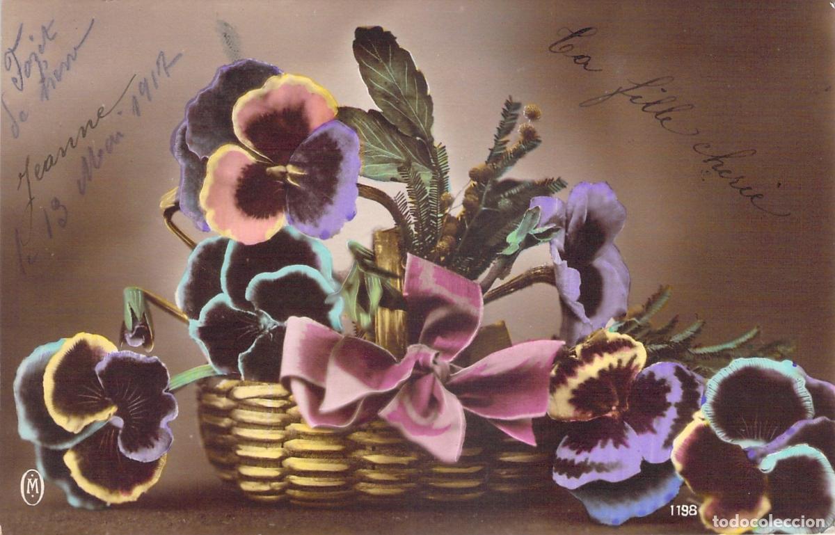 Postales: Postal con Cesta de Pensamientos y Elegante Lazo Rosa