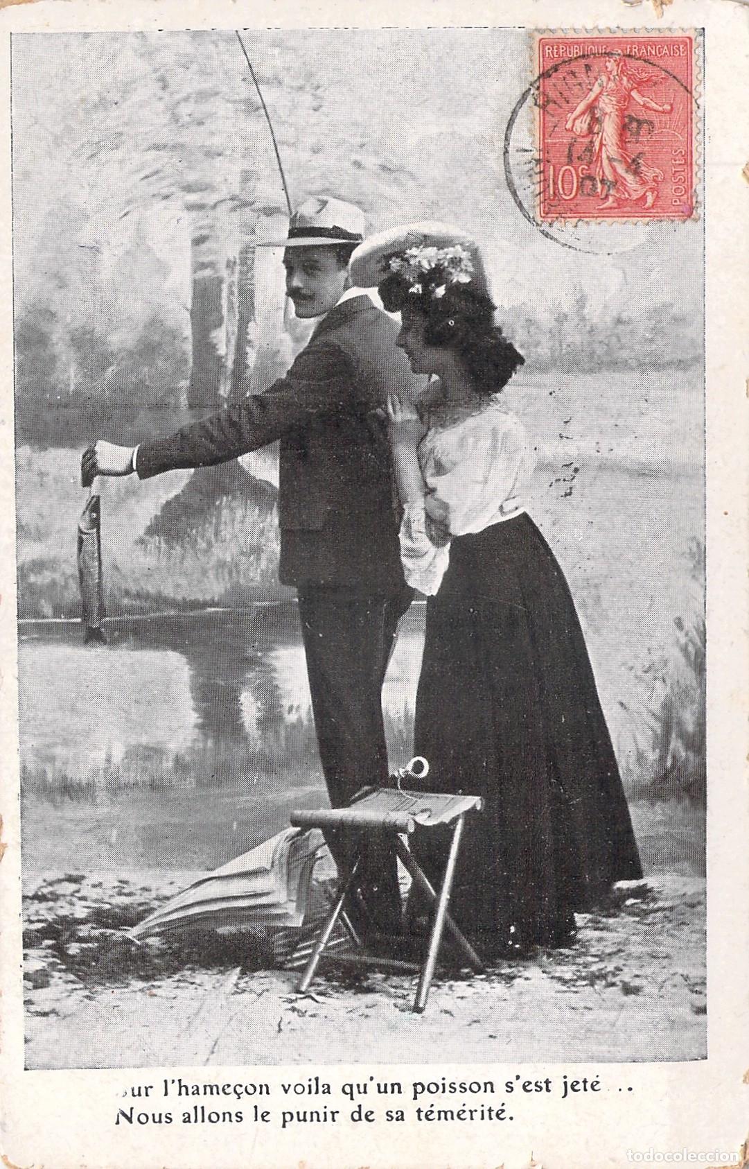 Postales: Postal Francesa de Escena Rom&aacute;ntica y Humor&iacute;stica de Pesca