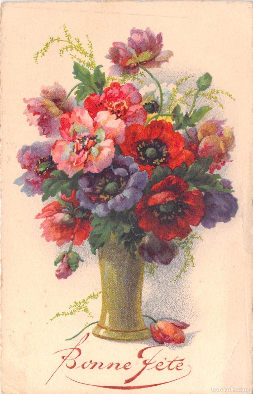 Postcards: Postal de Felicitaci&oacute;n Bonne F&ecirc;te con Ramo de Flores y Amapolas
