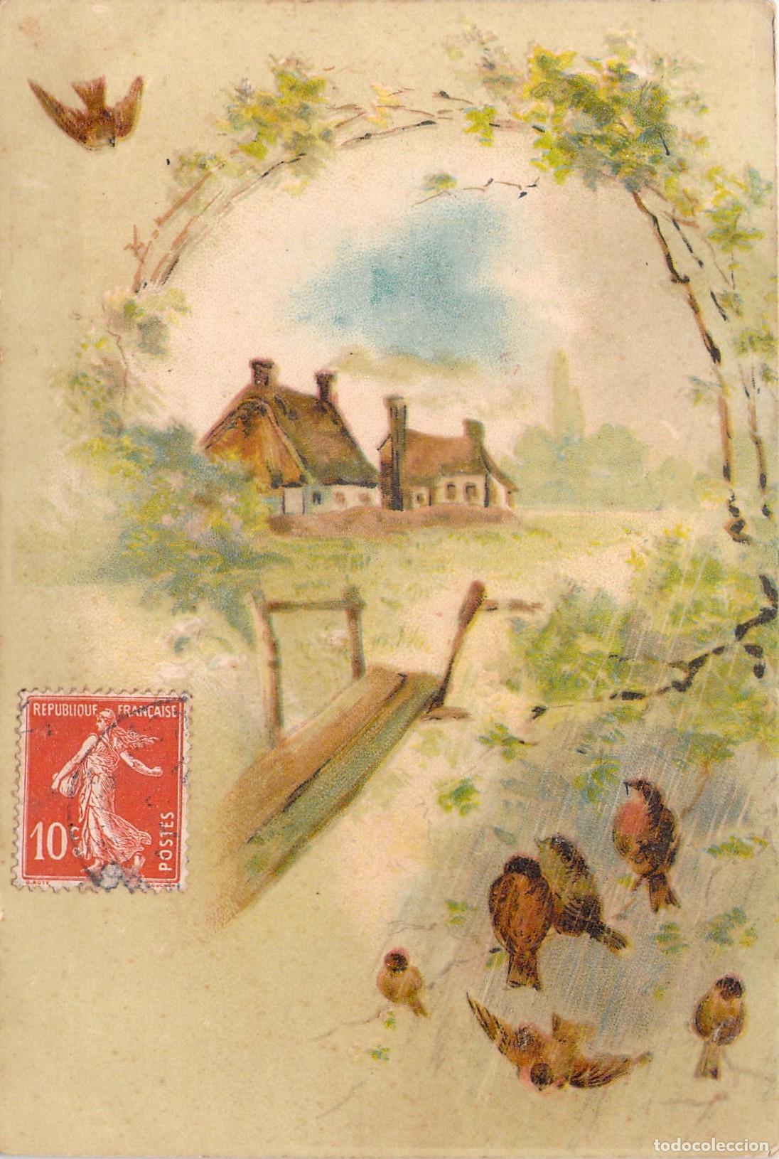 Postales: Postal Ilustrada de Paisaje Rural con Caba&ntilde;a y P&aacute;jaros
