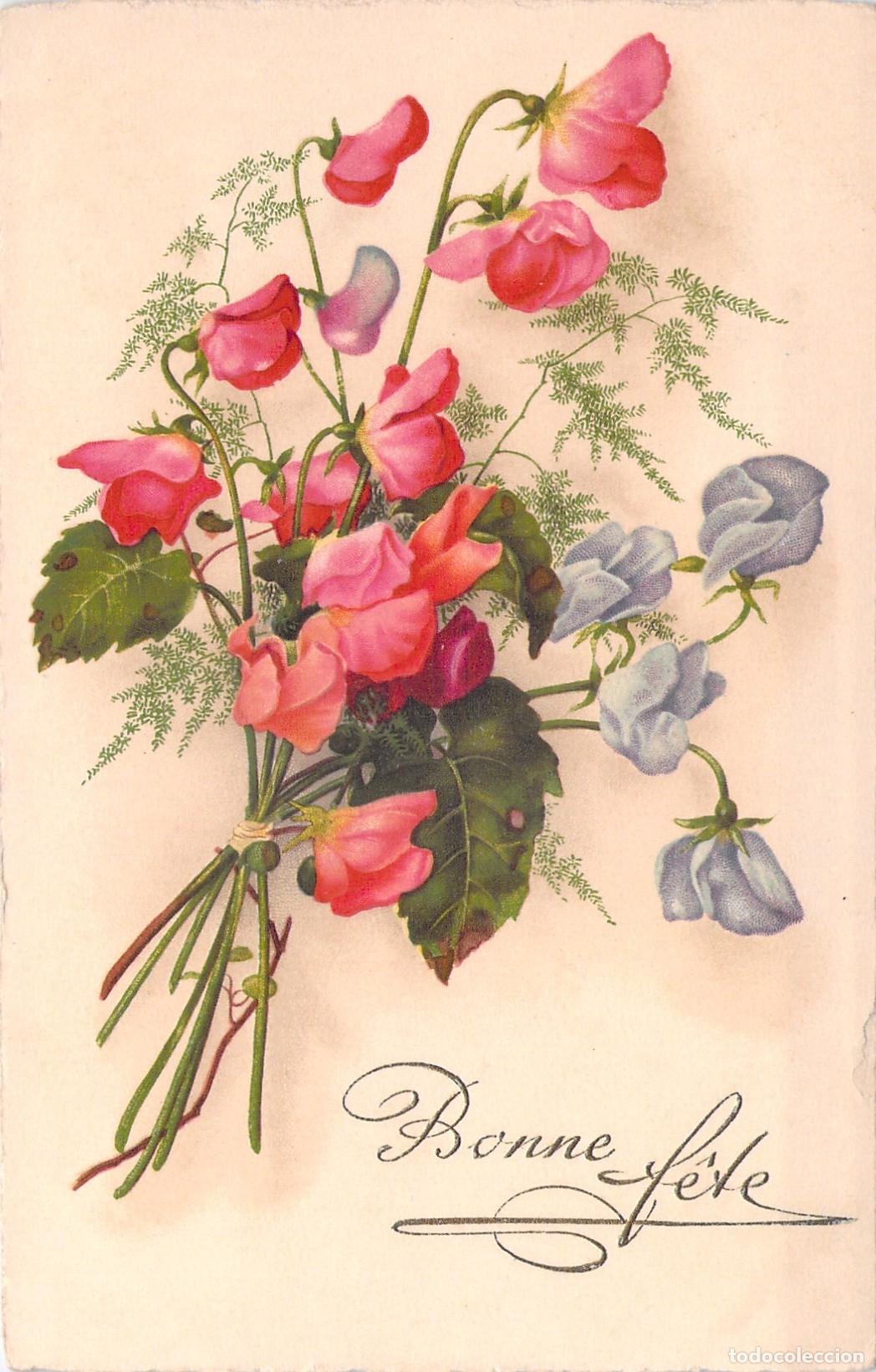 Postales: Postal de Felicitaci&oacute;n Bonne F&ecirc;te con Flores de Guisante de Olor