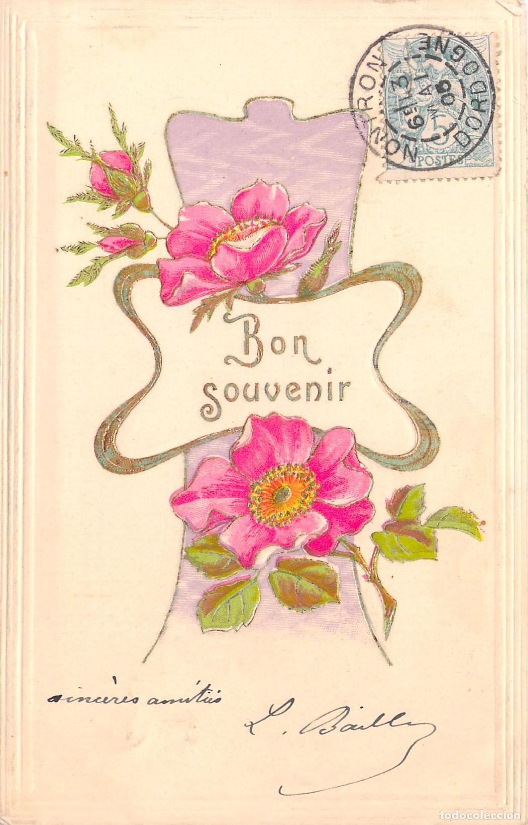 Postales: Postal Ilustrada Francesa con Rosas y Texto Bon Souvenir