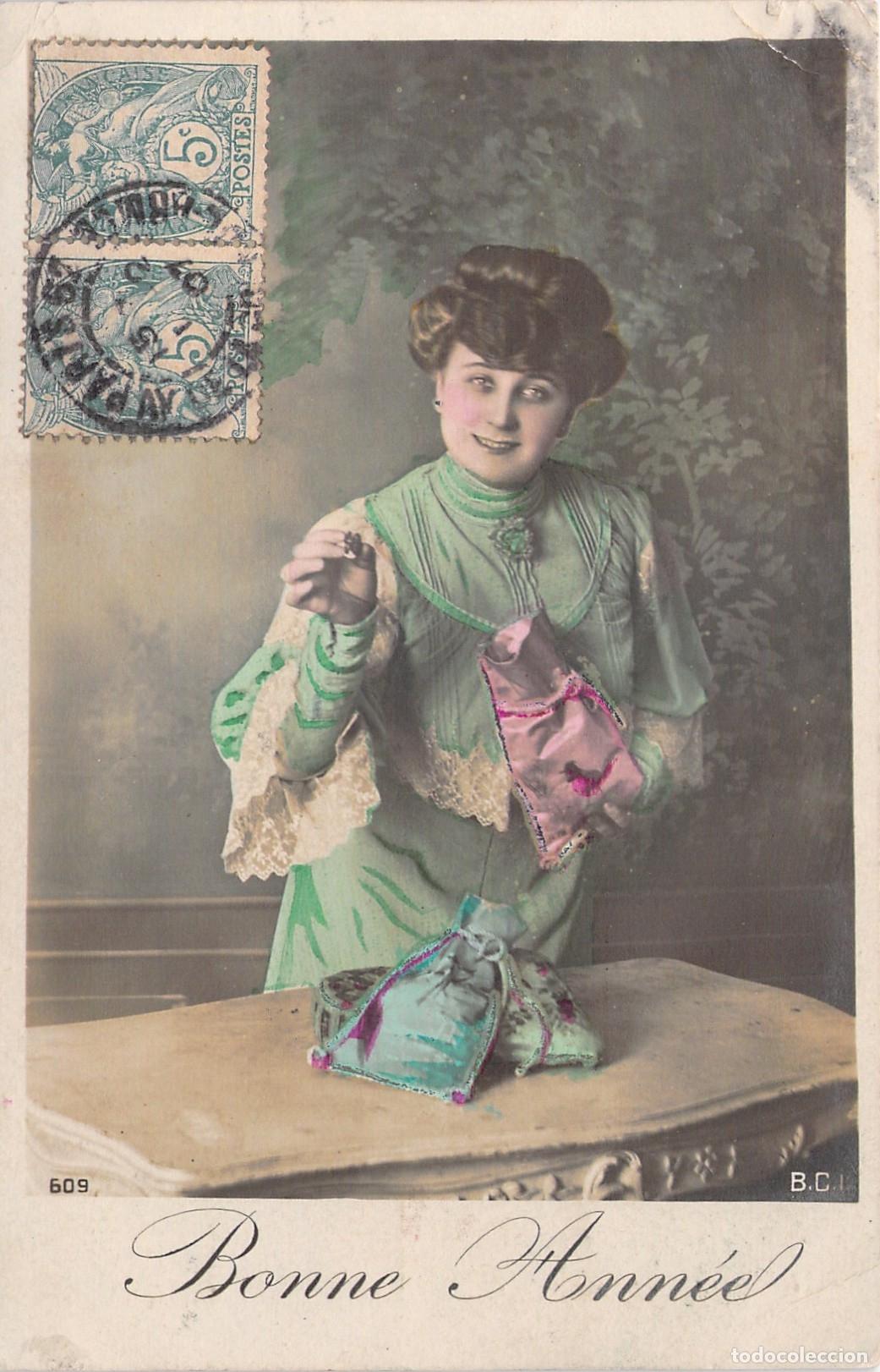 Postales: Postal de A&ntilde;o Nuevo Bonne Ann&eacute;e con Retrato de Mujer Elegante