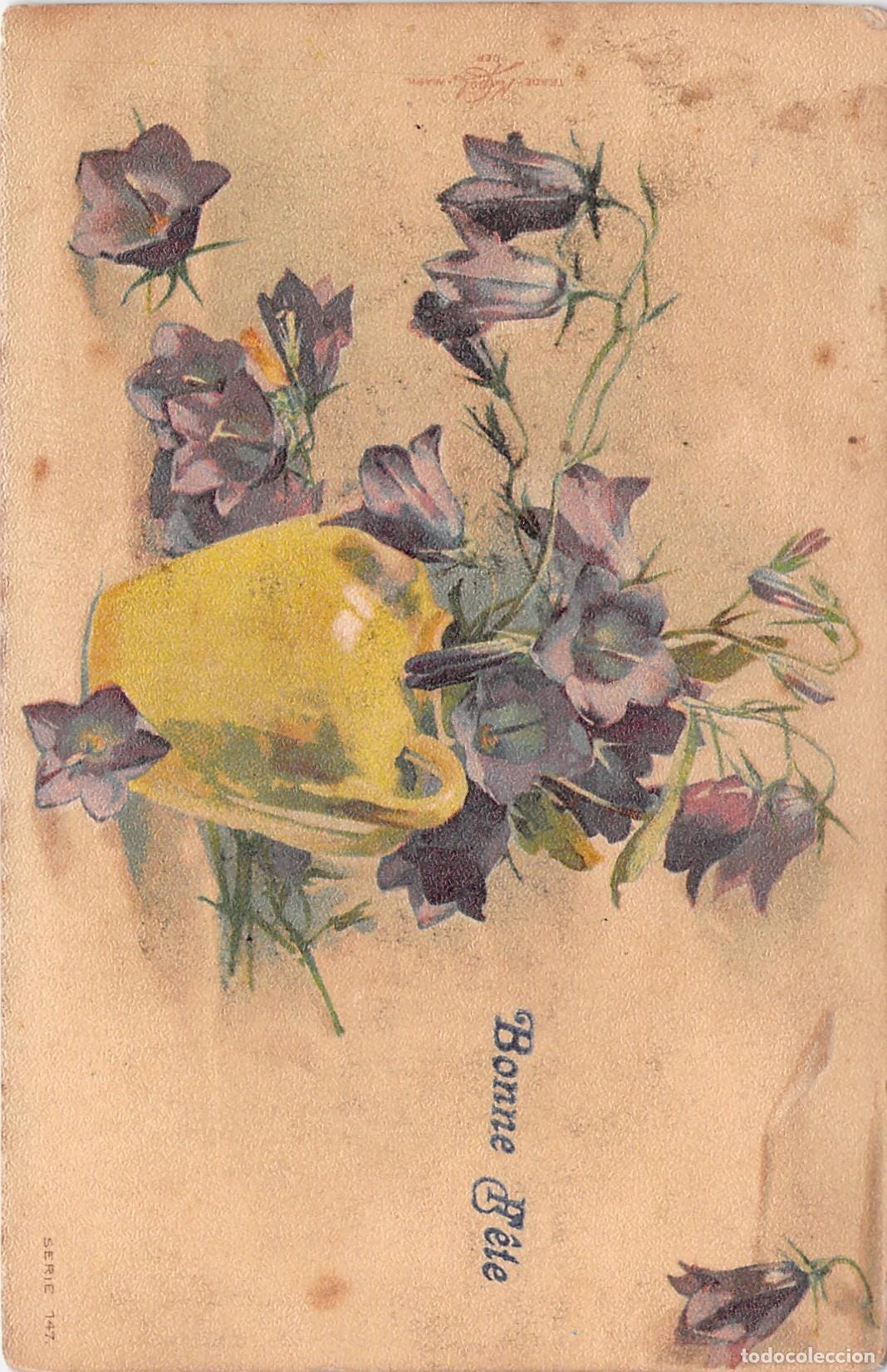 Postales: Postal Ilustrada de Flores de Camp&aacute;nula en Jarra Amarilla Bonne F&ecirc;te