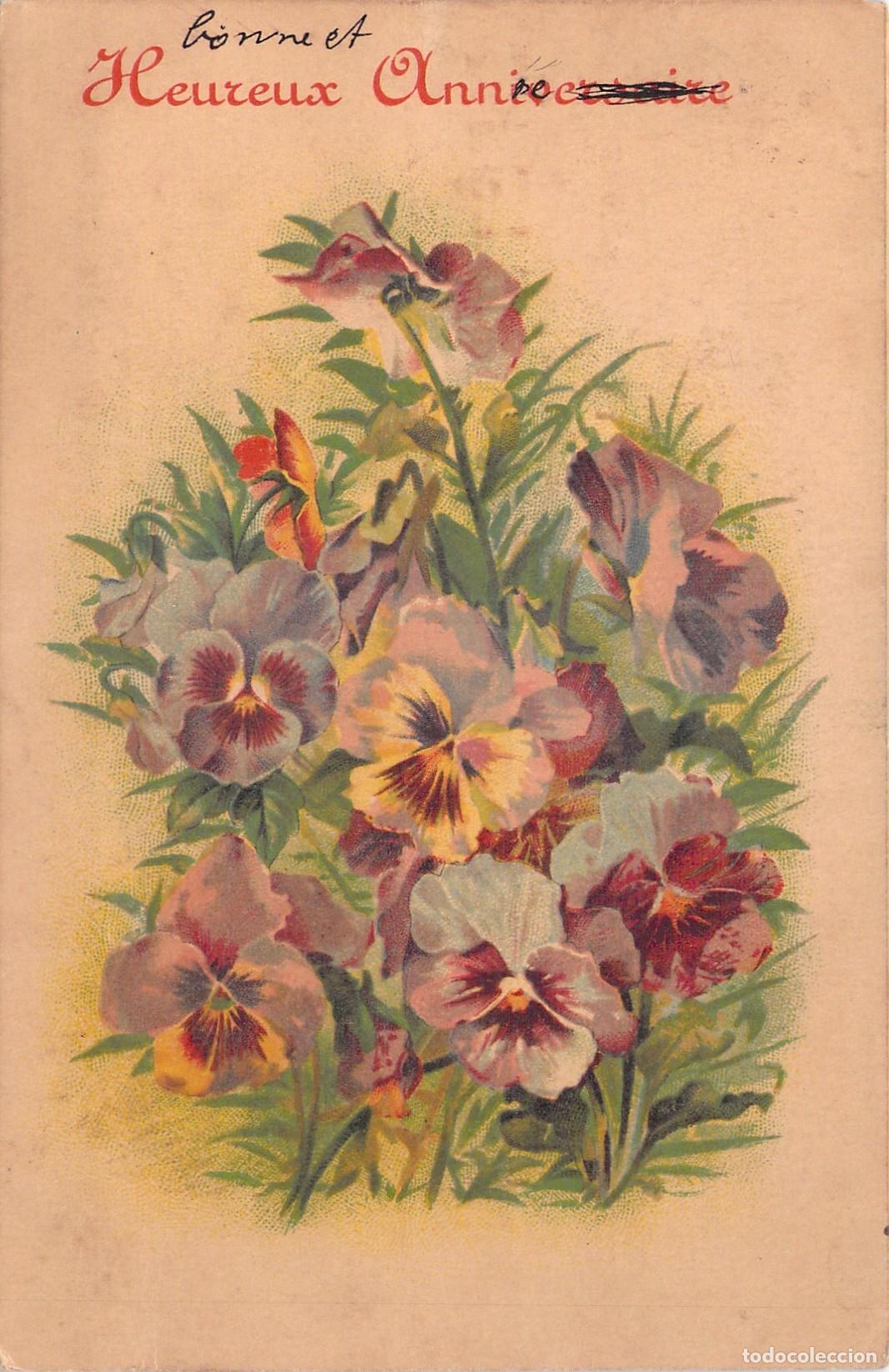 Postales: Postal Francesa con Flores de Pensamientos y Felicitaci&oacute;n de Aniversario