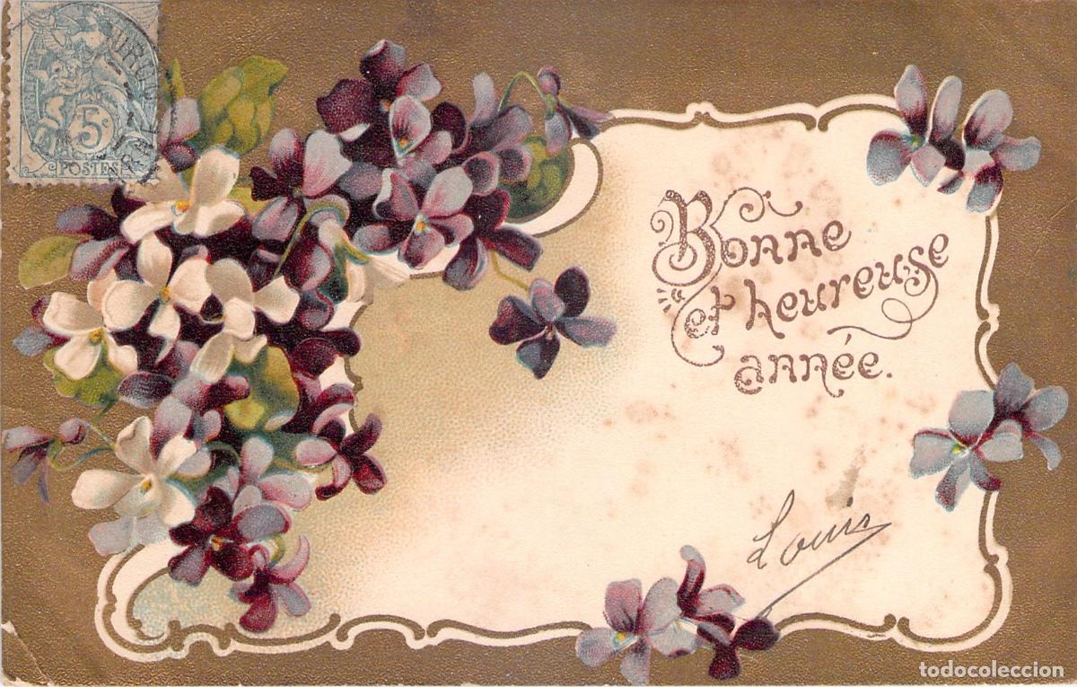 Cartes Postales: Postal de A&ntilde;o Nuevo con Dise&ntilde;o Floral de Violetas y Flores Blancas