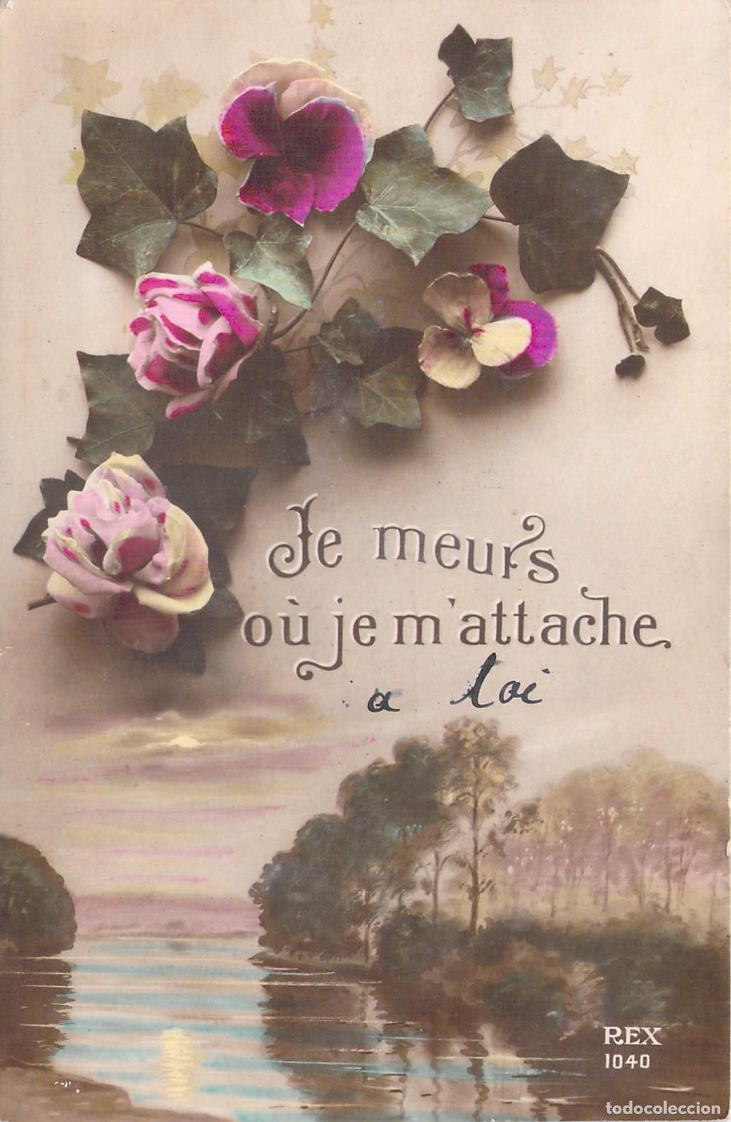 Postales: Postal Antigua Rom&aacute;ntica con Flores y Paisaje de Auxonne Francia