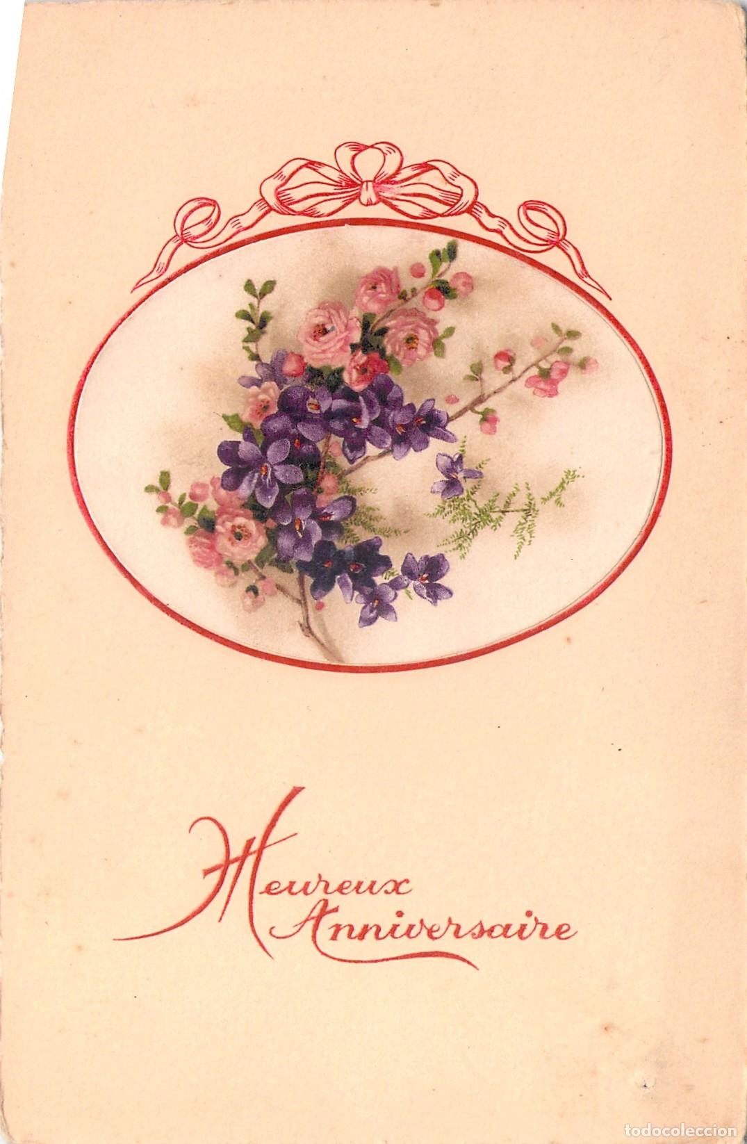 Postales: Postal de Felicitaci&oacute;n de Cumplea&ntilde;os con Flores Heureux Anniversaire