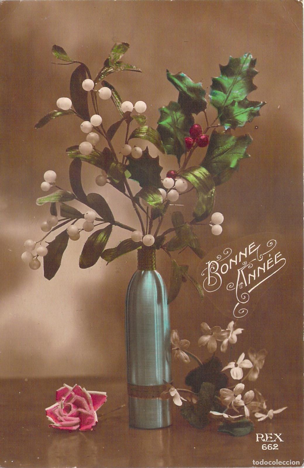 Postales: Postal Francesa de Feliz A&ntilde;o Nuevo con Arreglo de Mu&eacute;rdago y Acebo