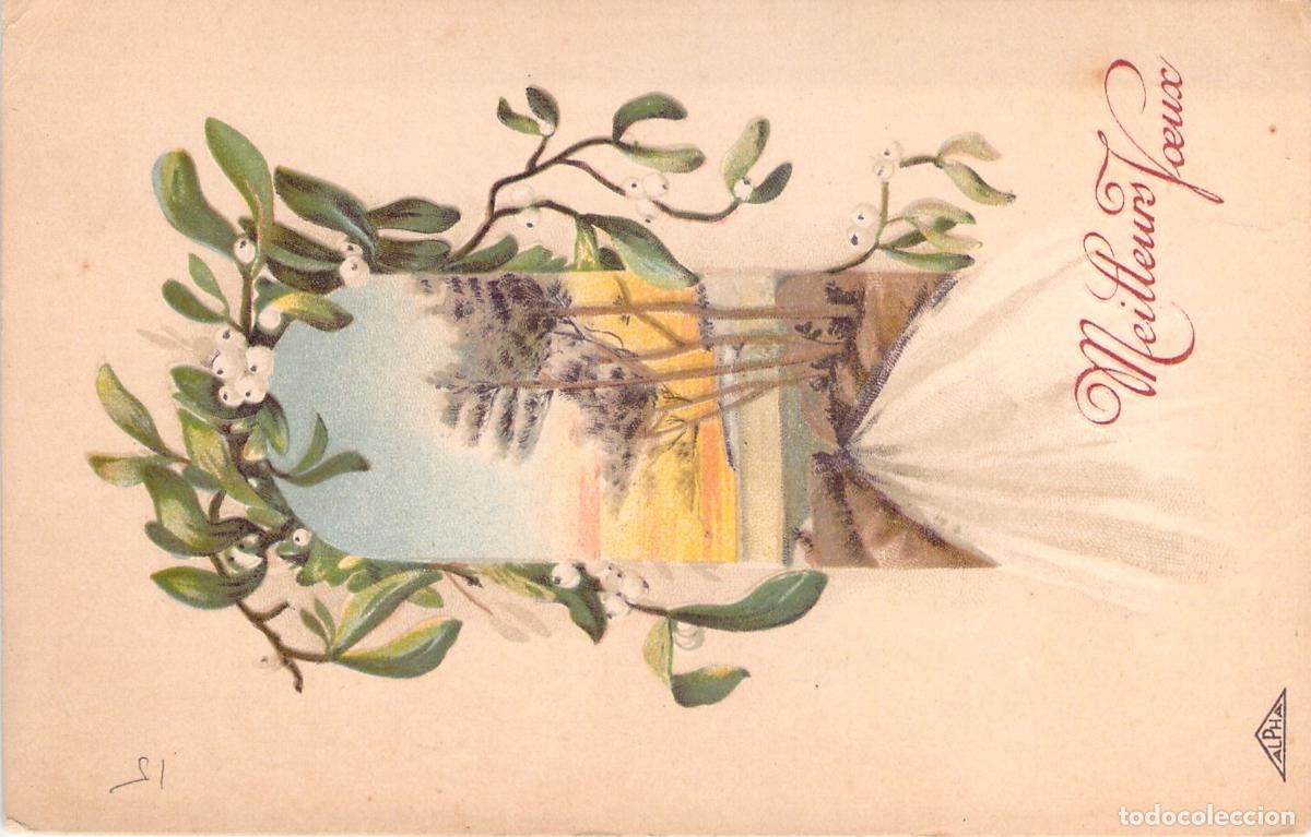 Postales: Postal de Felicitaci&oacute;n con Mu&eacute;rdago y Paisaje de Atardecer