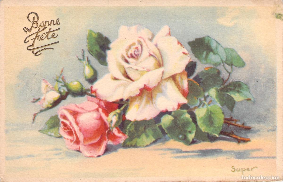 Postales: Postal Francesa de Felicitaci&oacute;n con Ilustraci&oacute;n de Rosas