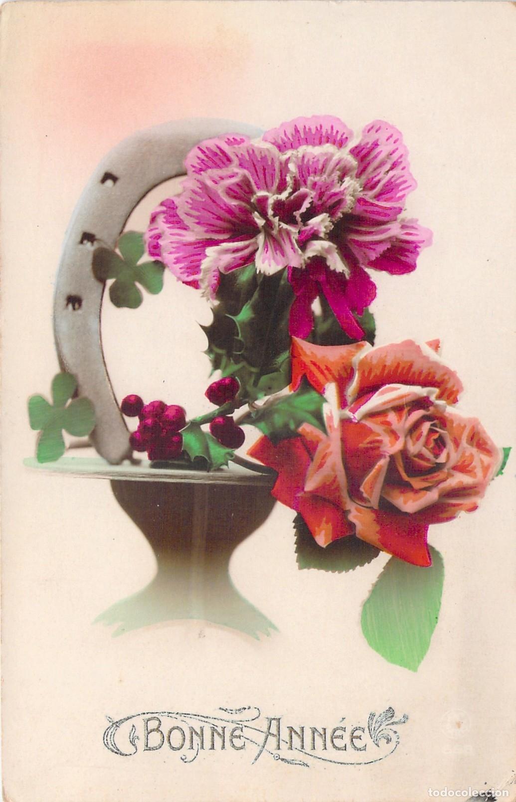 Postales: Postal de Felicitaci&oacute;n de A&ntilde;o Nuevo con Flores y Herradura de la Suerte