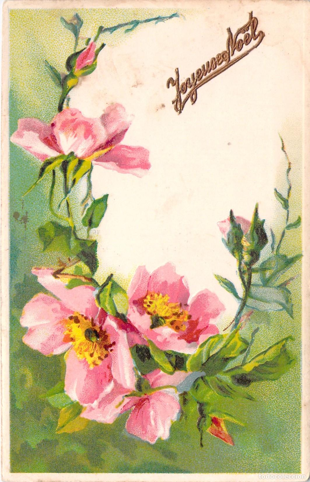 Postales: Postal de Navidad con Ilustraci&oacute;n de Flores Rosas y Joyeux No&euml;l