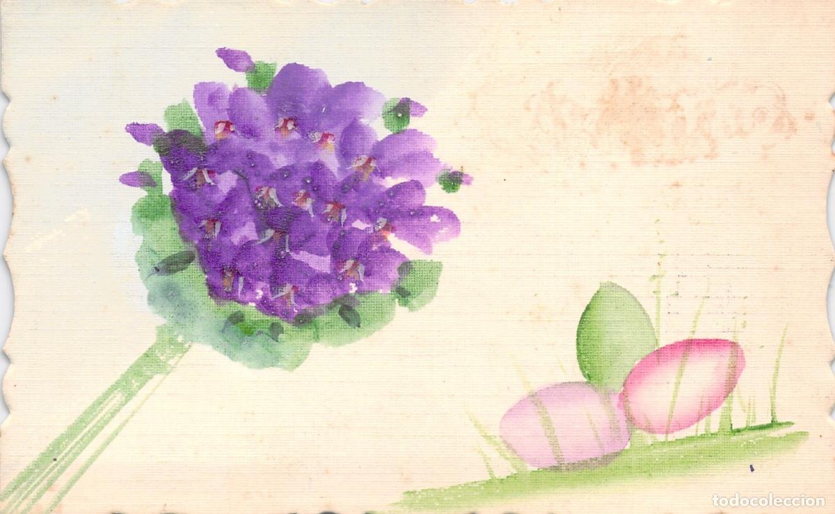 Postcards: Tarjeta Postal de Pascua con Flores Moradas y Huevos Ilustrados