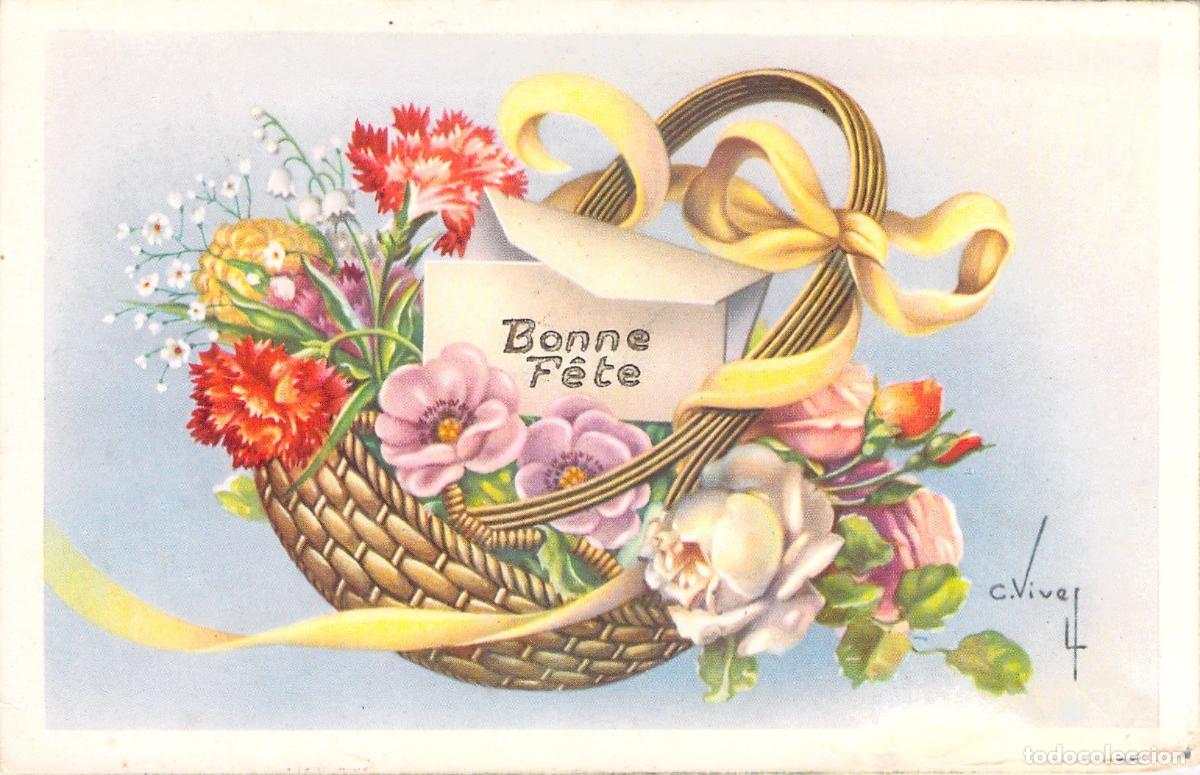Postcards: Postal Francesa Ilustrada con Canasta de Flores Bonne F&ecirc;te