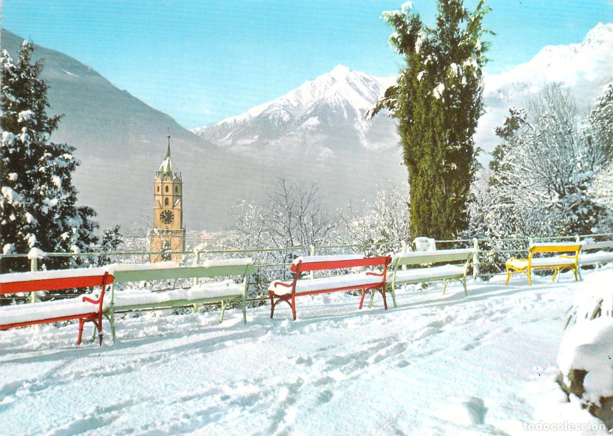 Postales: Postal de Merano en Invierno con Paisaje Nevado y Torre de Iglesia