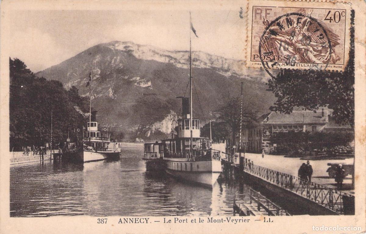 Postales: Postal de Annecy: El Puerto y el Monte Veyrier con Barcos de Vapor