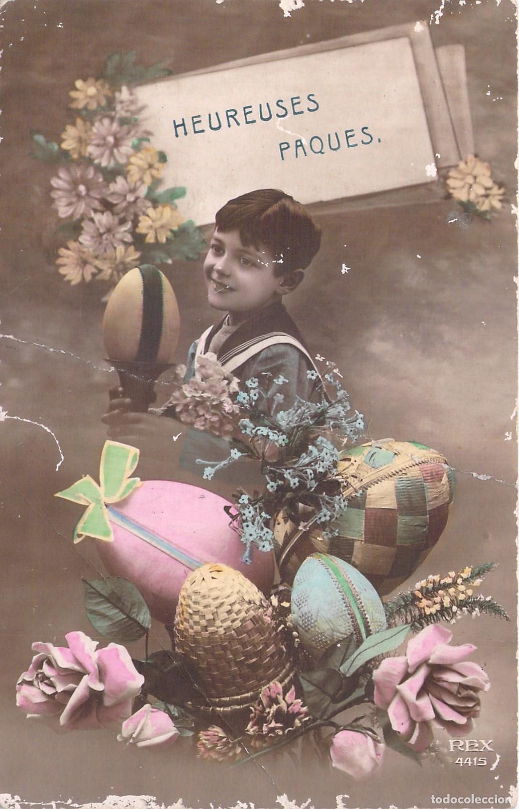 Postcards: Postal Francesa de Felices Pascuas con Ni&ntilde;o y Huevos Decorados
