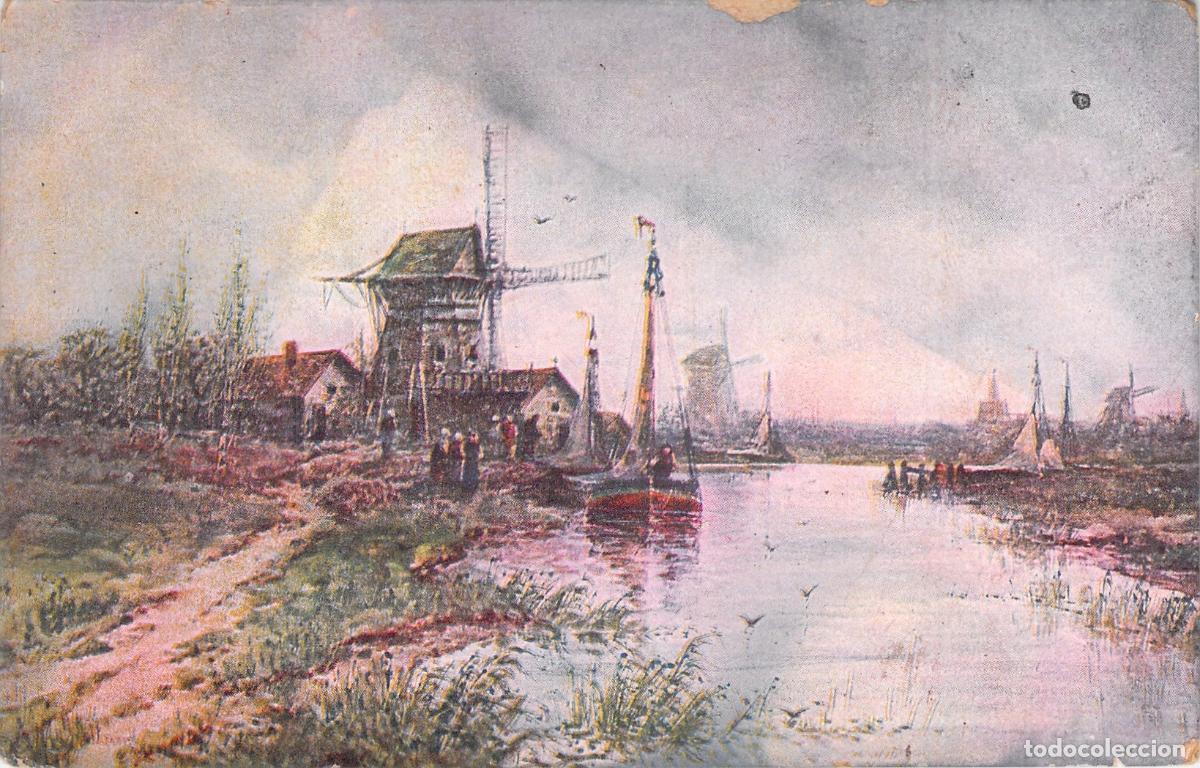 Postales: Postal de los Bordes del R&iacute;o Mosa con Molino y Veleros