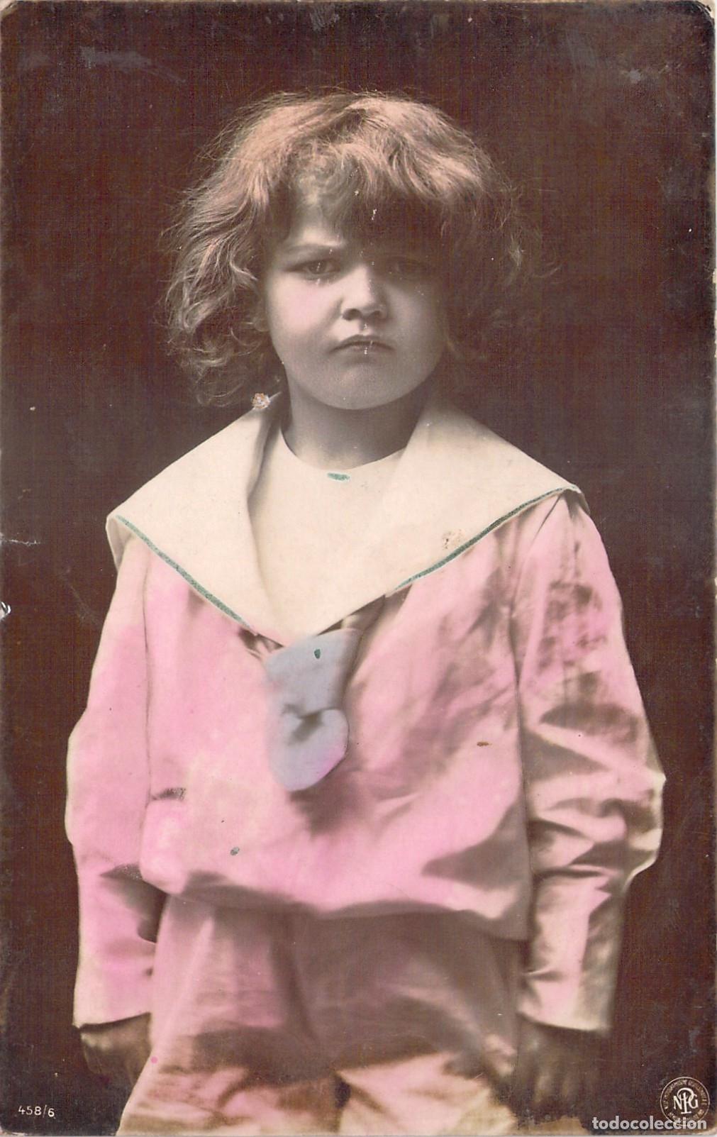 Postales: Postal Antigua de Retrato Infantil Ni&ntilde;o con Traje Rosa y Cuello Marinero
