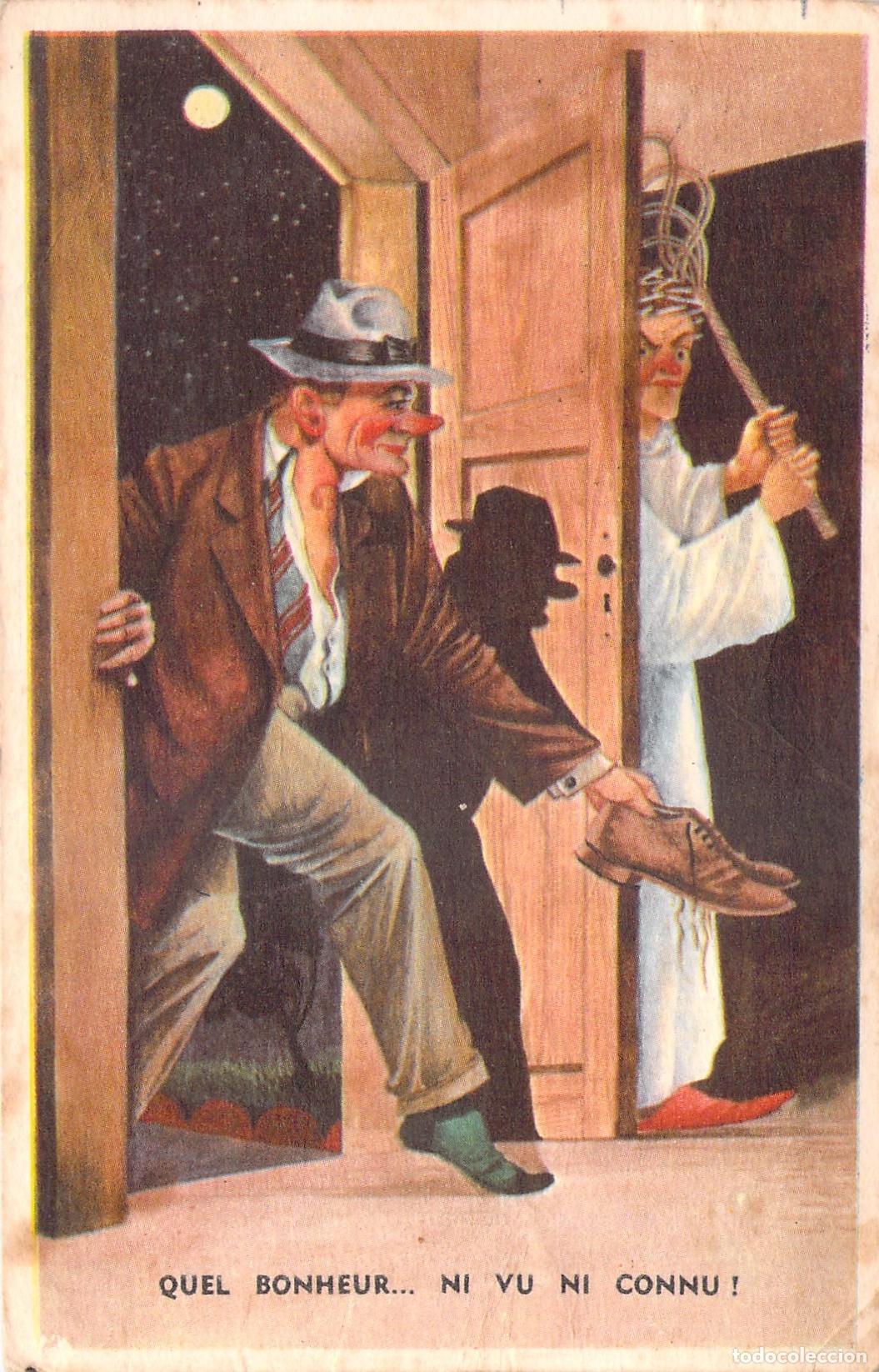 Postales: Postal Ilustrada Humor&iacute;stica Francesa Marido Regresando a Casa