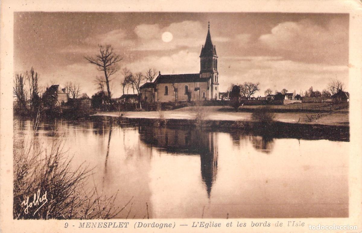 Postales: Postal de Menesplet, Francia: Iglesia y Orillas del R&iacute;o Isle