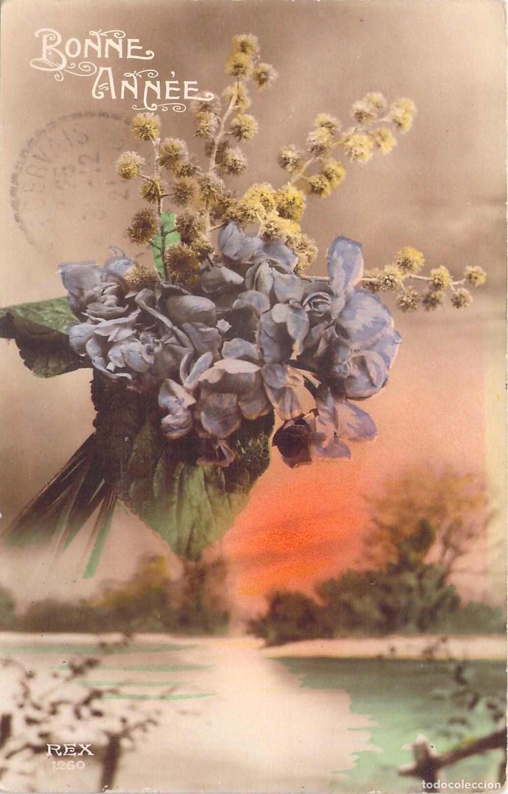Postales: Postal de A&ntilde;o Nuevo Bonne Ann&eacute;e con Flores y Paisaje Fluvial