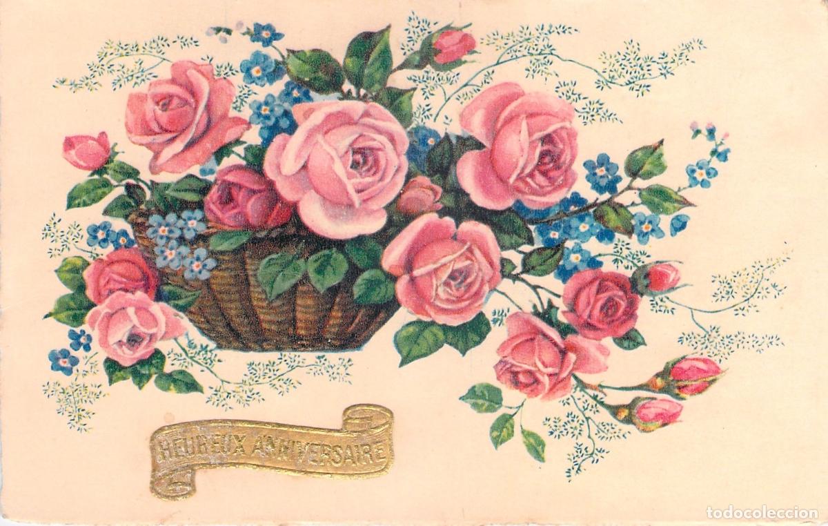 Postales: Postal de Felicitaci&oacute;n con Cesta de Rosas Rosas y Nomeolvides
