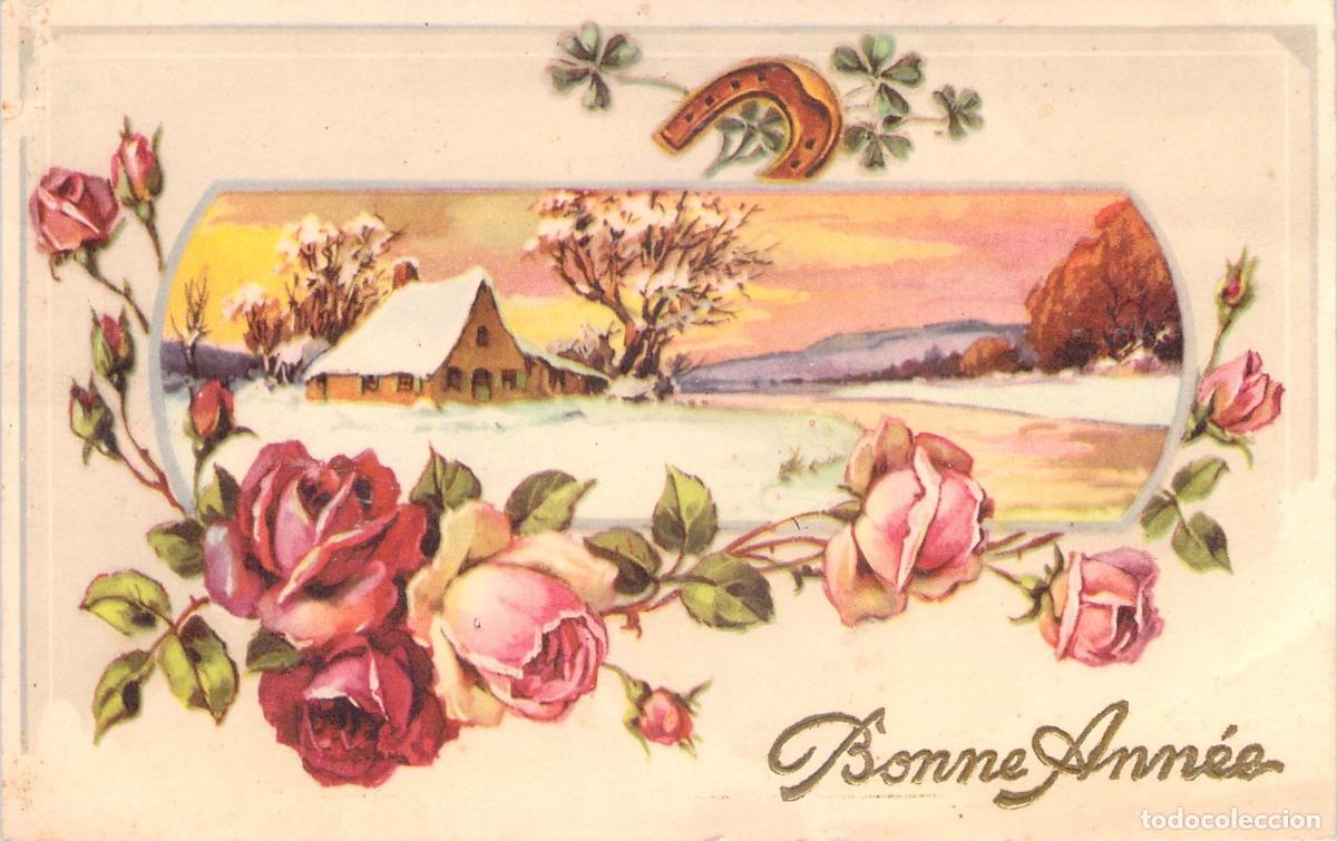 Postales: Postal de A&ntilde;o Nuevo con Paisaje Invernal y Rosas