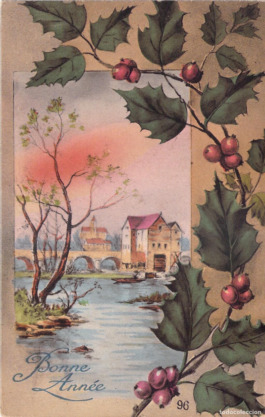 Postales: Postal de Felicitaci&oacute;n de A&ntilde;o Nuevo con Paisaje y Acebo