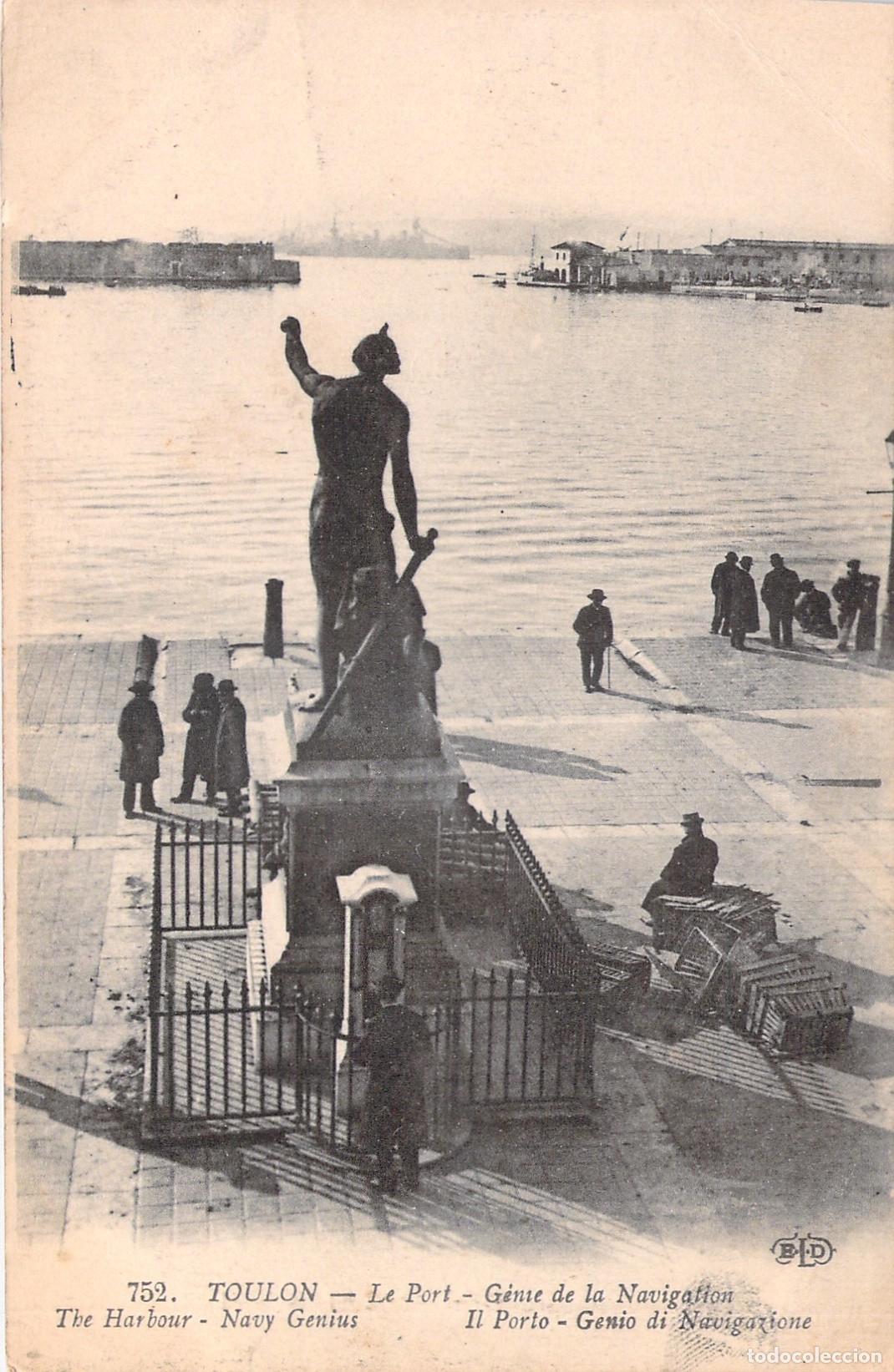 Postales: Postal de Toulon: Estatua del Genio de la Navegaci&oacute;n en el Puerto