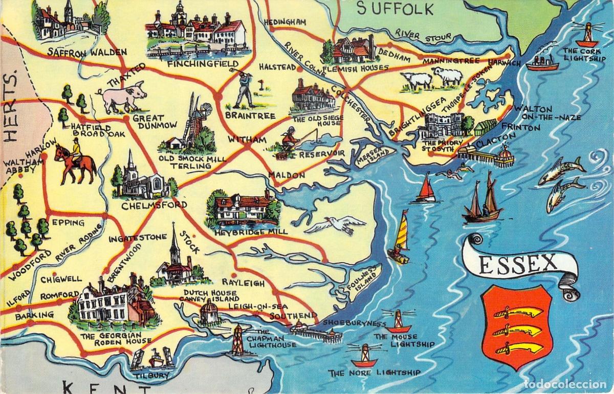 Postales: Postal de Mapa Pict&oacute;rico de Essex, Inglaterra con Ilustraciones