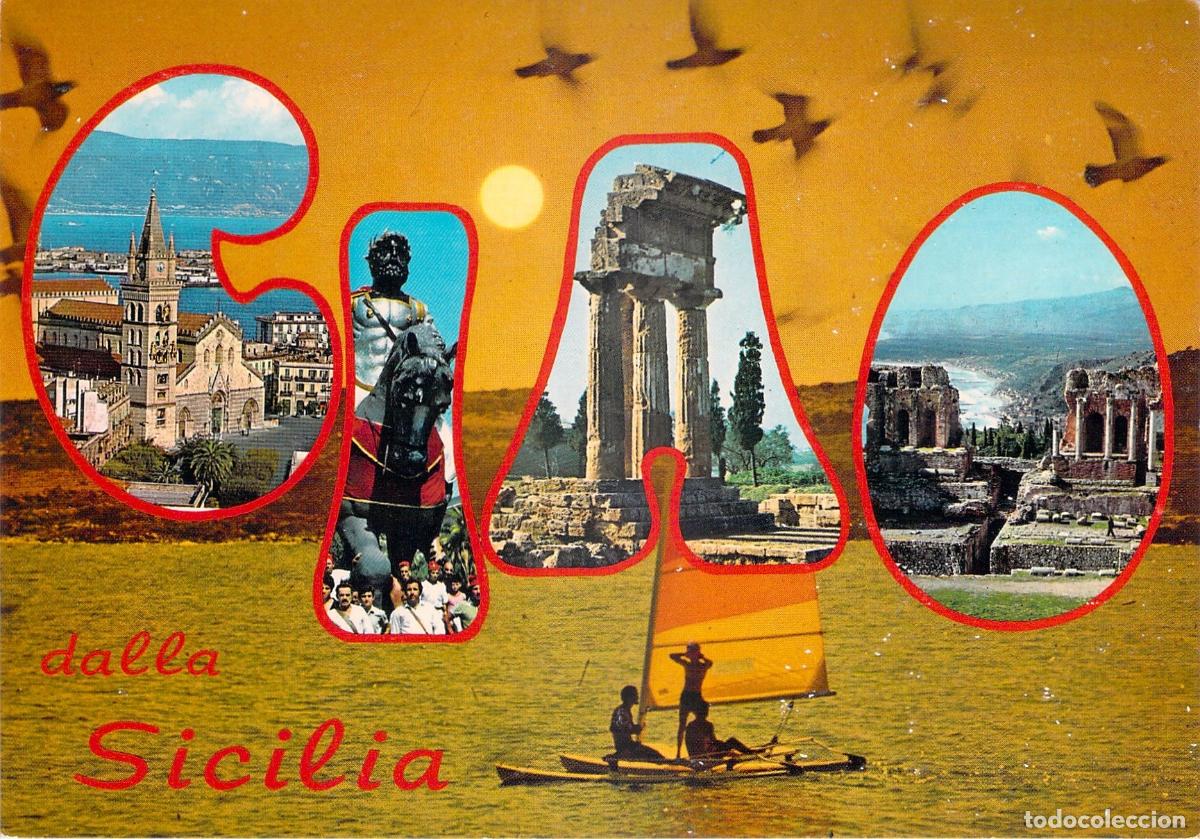 Postales: Postal Tur&iacute;stica Ciao dalla Sicilia con Vistas de Monumentos y Paisajes