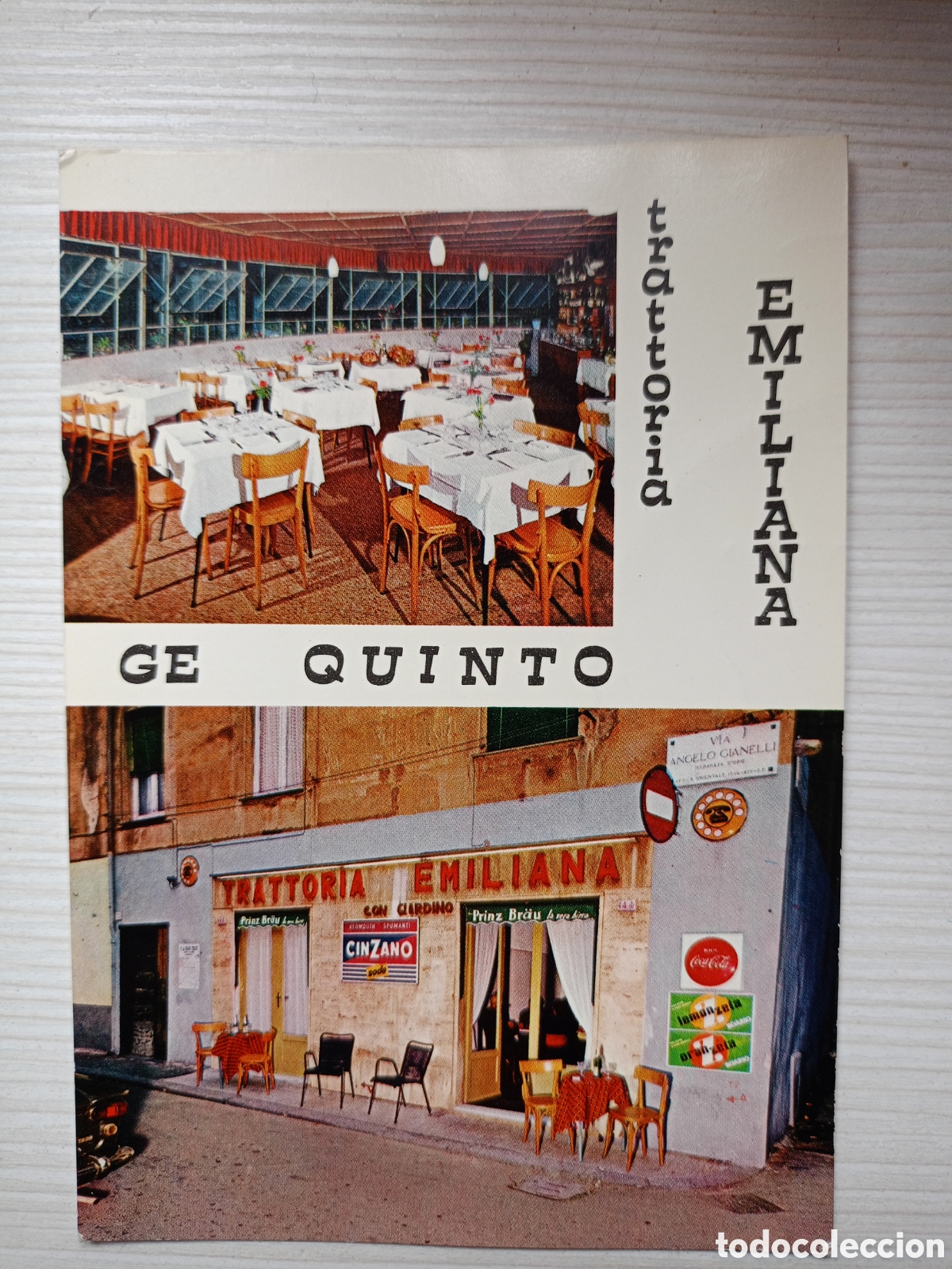 Postales: Antigua postal Trattoria Emiliana en Quinto al Mare, un barrio de G&eacute;nova, Italia.