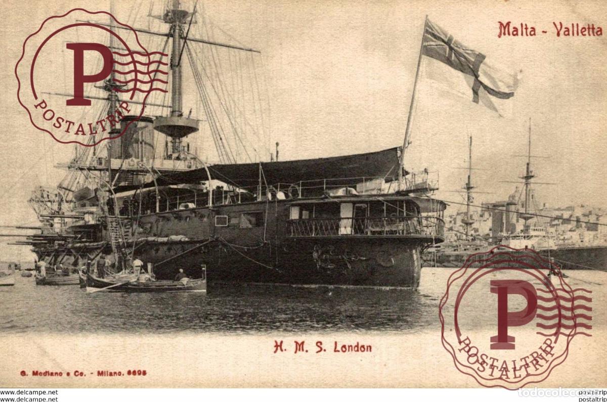 Postales: MALTA. VALLETTA. H. M .S. LONDON