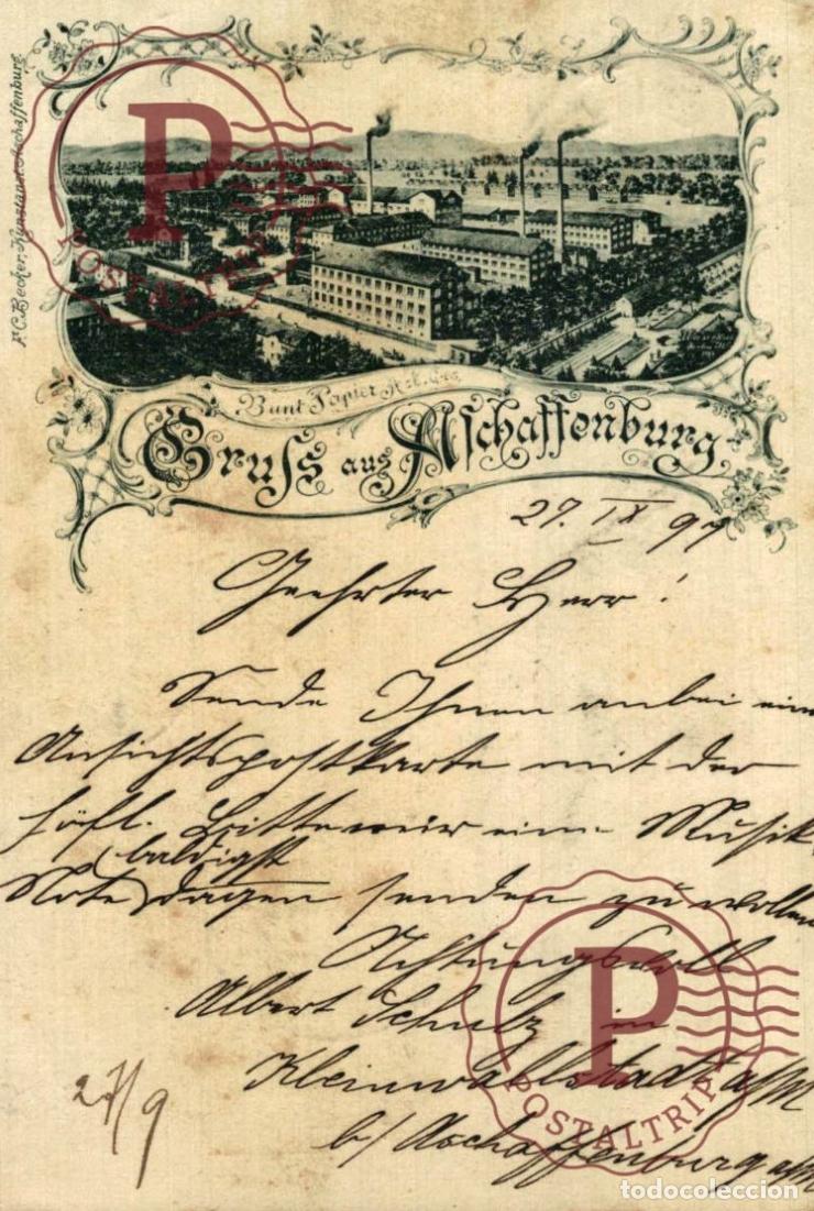 Postales: 1897 Buntpapierfabrik Aschaffenburg GRUSS AUS
