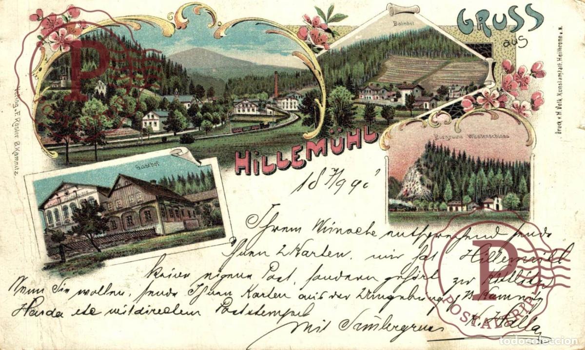 Postales: 1898 GRUSS AUS HILLEMUHLE Litho TCHEQUIE Rep&uacute;blica Checa SEE CORNERS SOME DAMAGE
