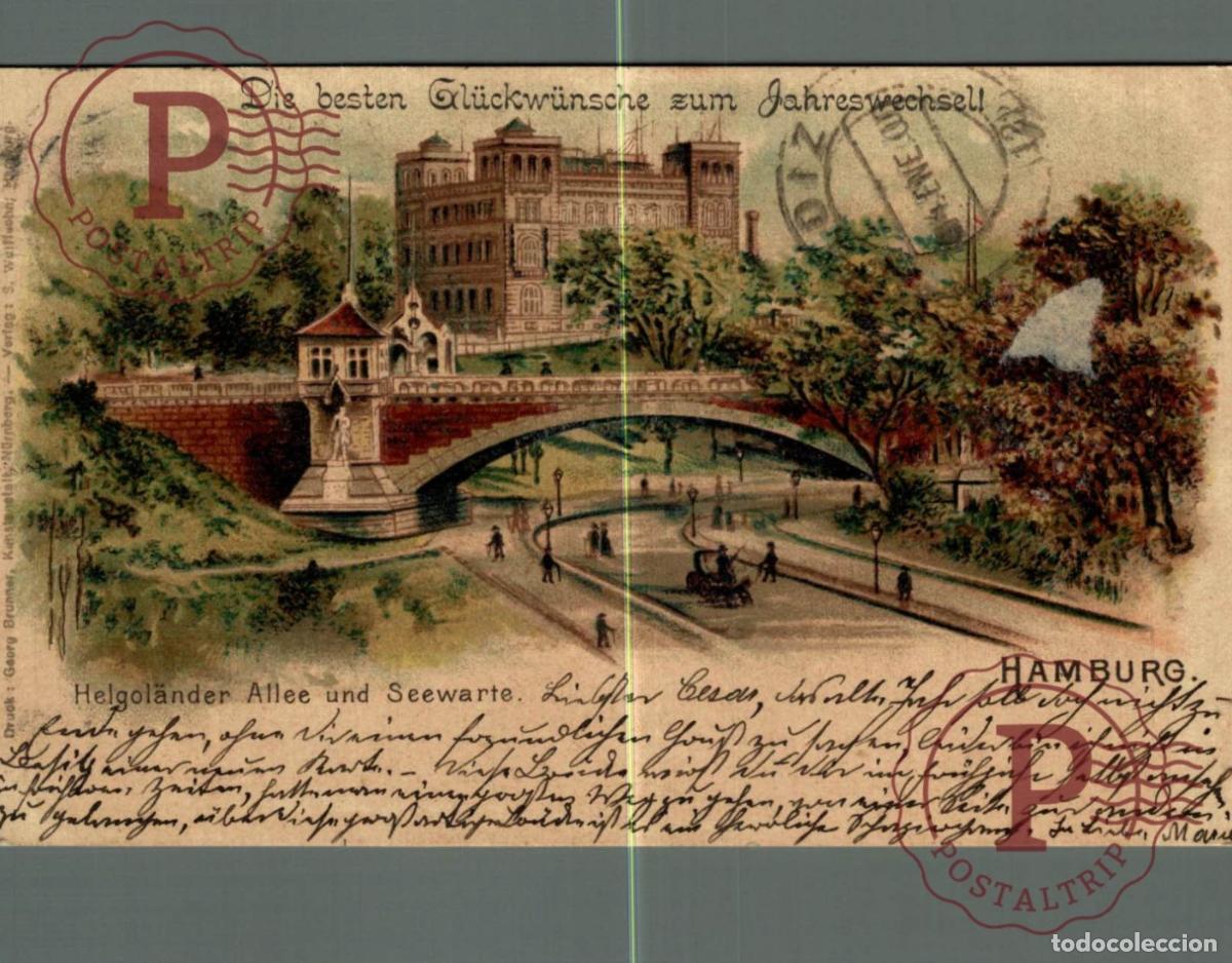 Postales: 1899 HAMBURG LITHO DIE BESTE GLUCKWUNCHE JAHRESWECHSELL HELGOLANDER ALLEE UND SEEWARTE