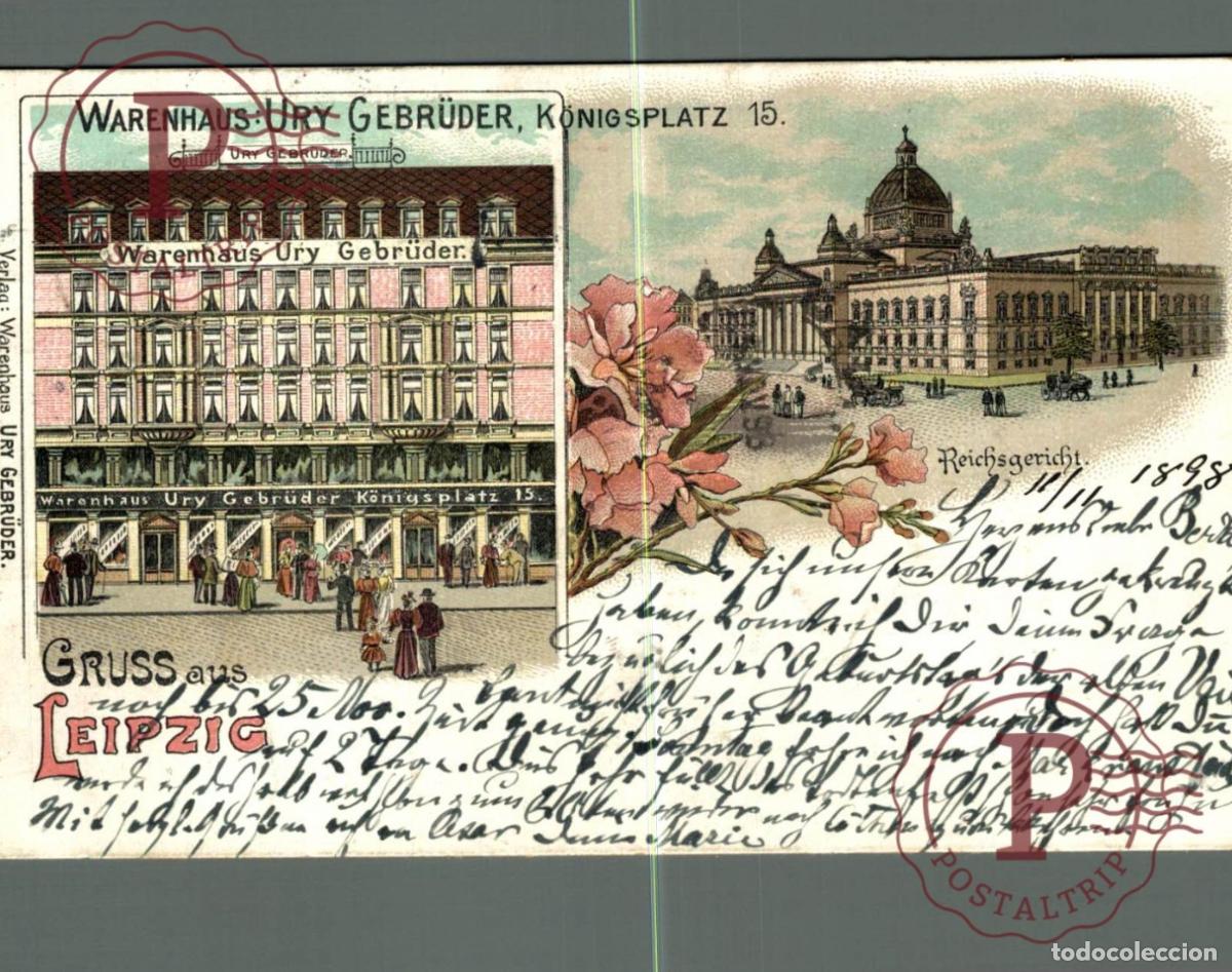 Postales: 1898 Lithografie AK Gruss aus Leipzig - Warenhaus Ury Gebr&uuml;der & Reichsgericht